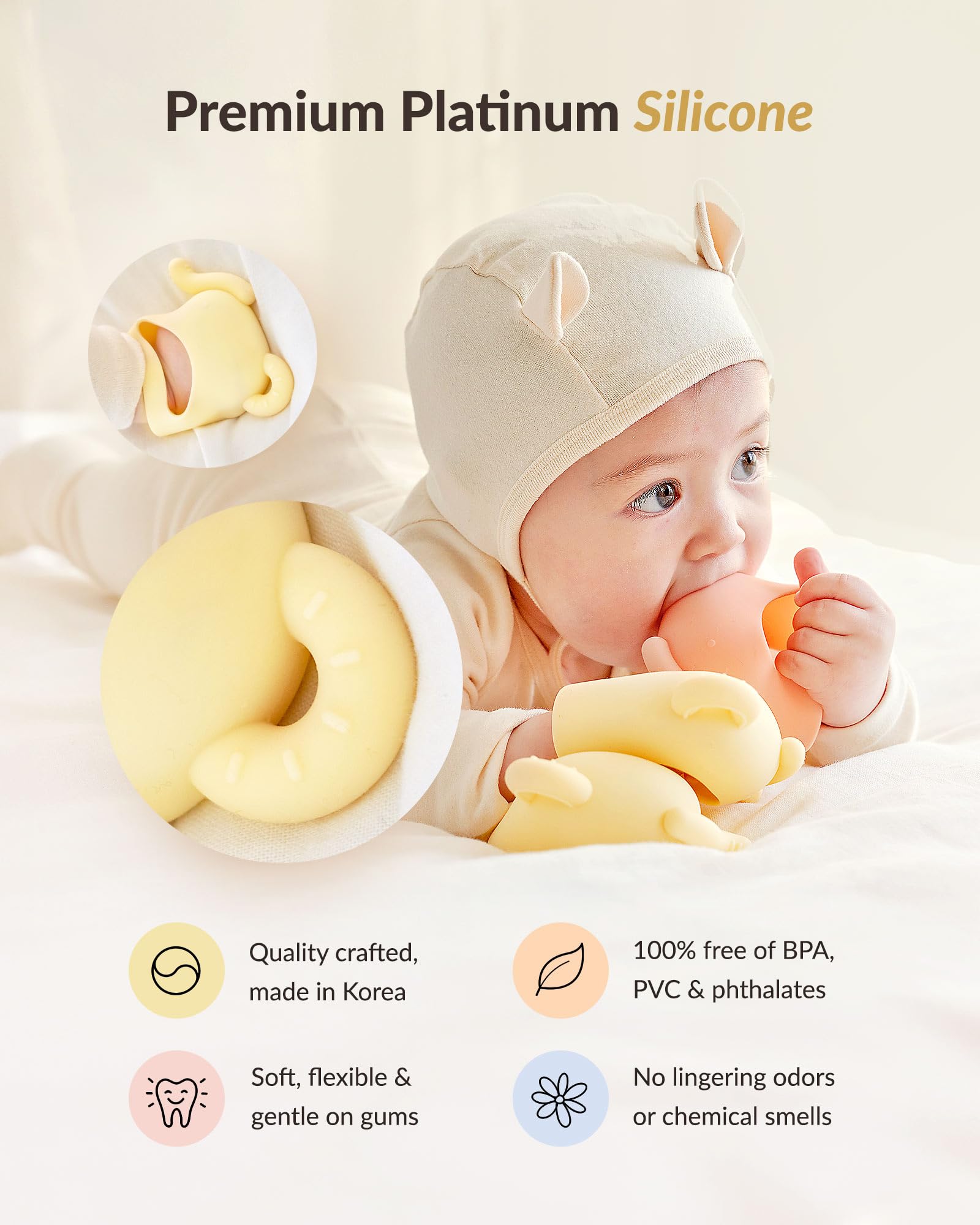 MOYUUM elephant teether with adjustable wrist strap for secure, hands-free hold.