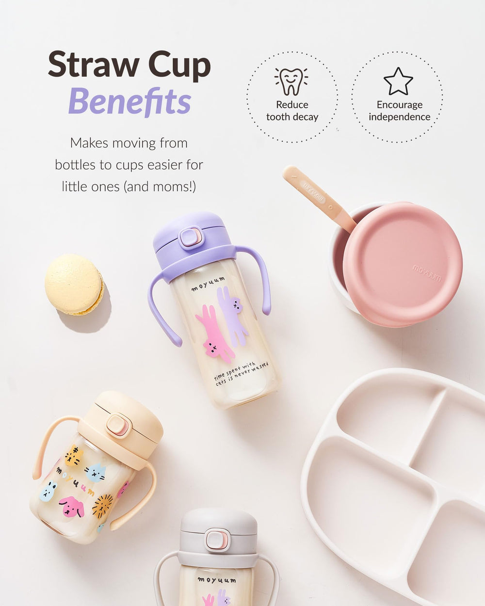 MOYUUM sturdy purple sippy cup with interchangeable parts for growing kids.