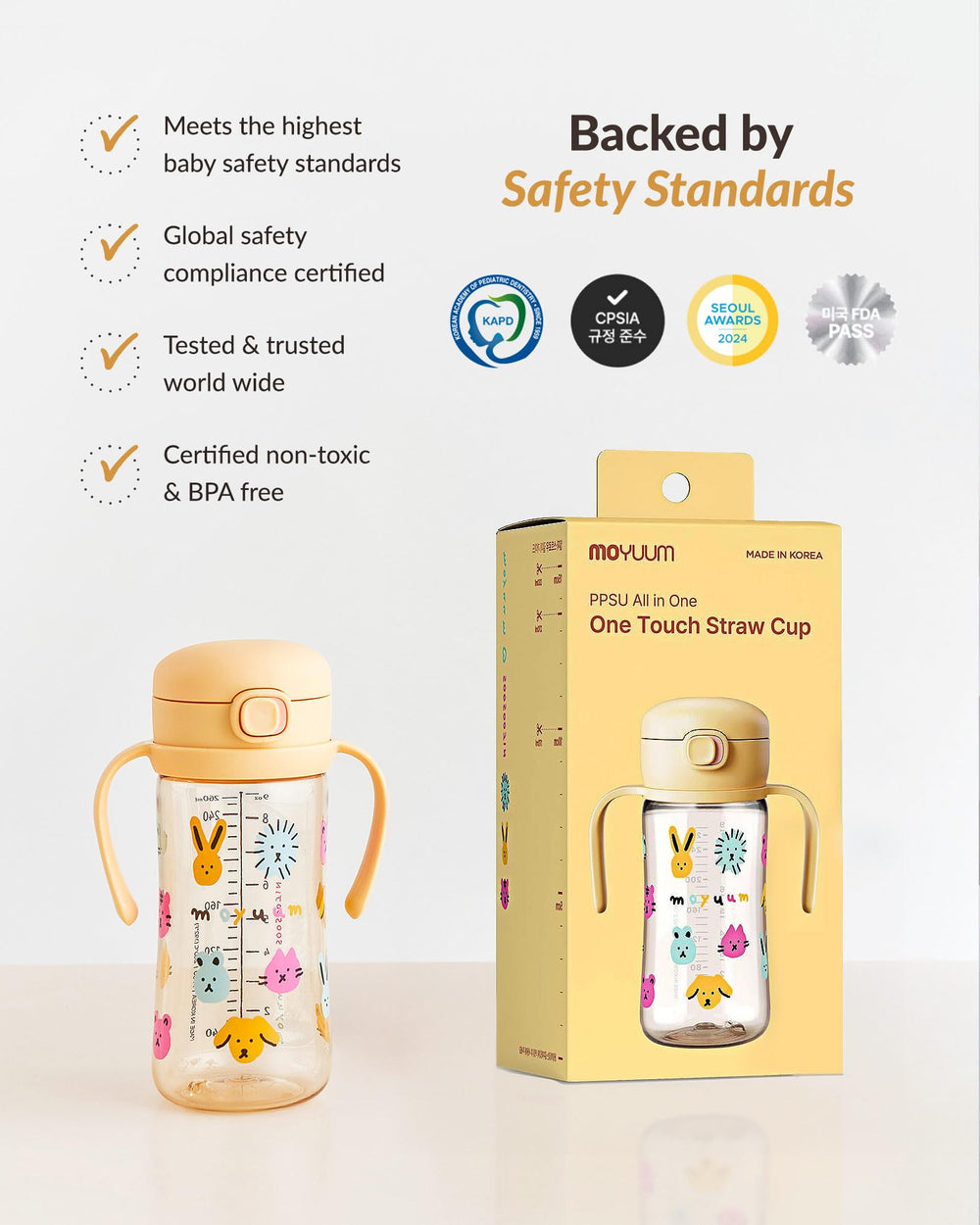 MOYUUM toddler using the cup, highlighting easy-to-hold design and no-spill performance.