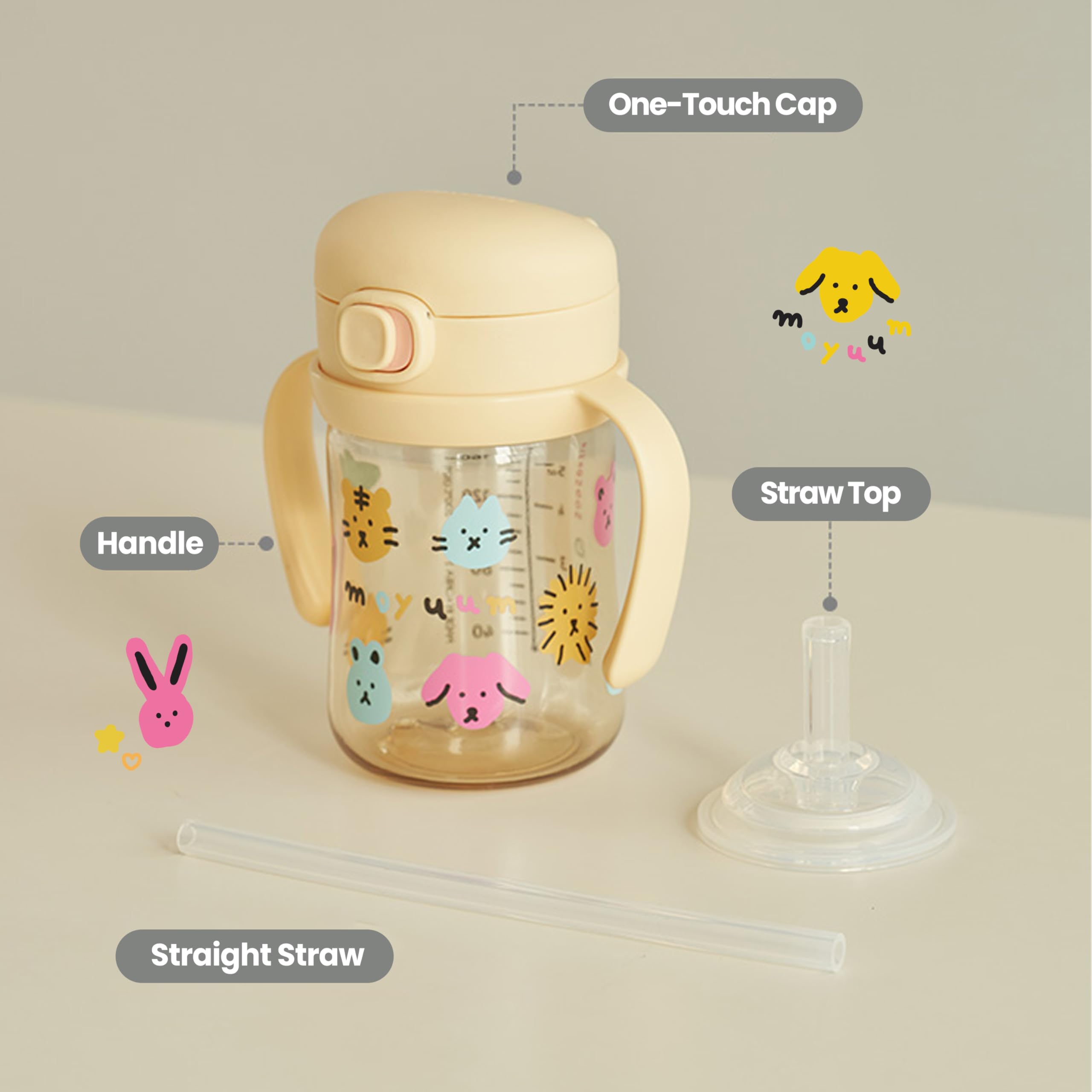 MOYUUM 9oz sippy cup close-up, flip top lid for easy access