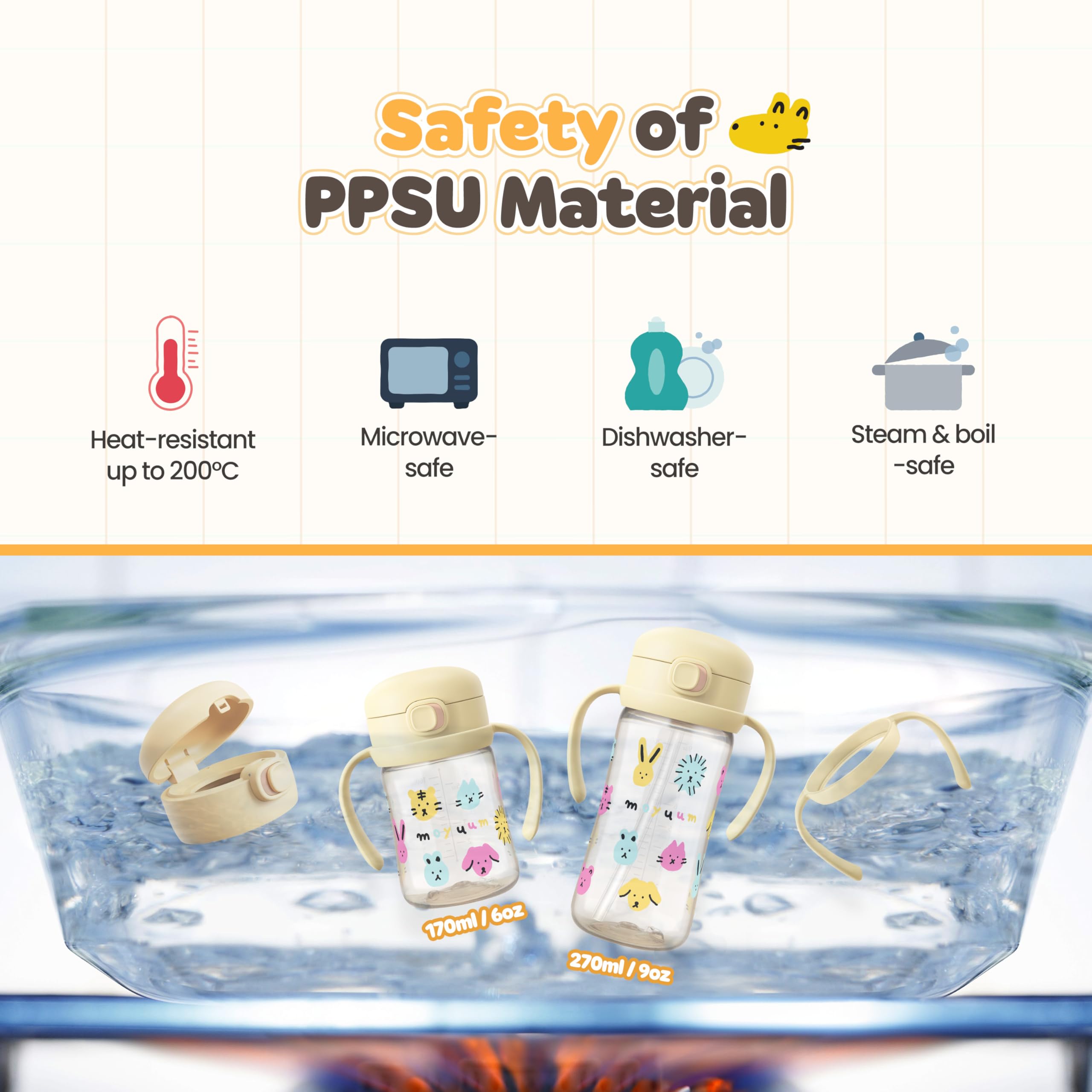 MOYUUM 9oz yellow sippy cup being washed, durable and easy to sterilize