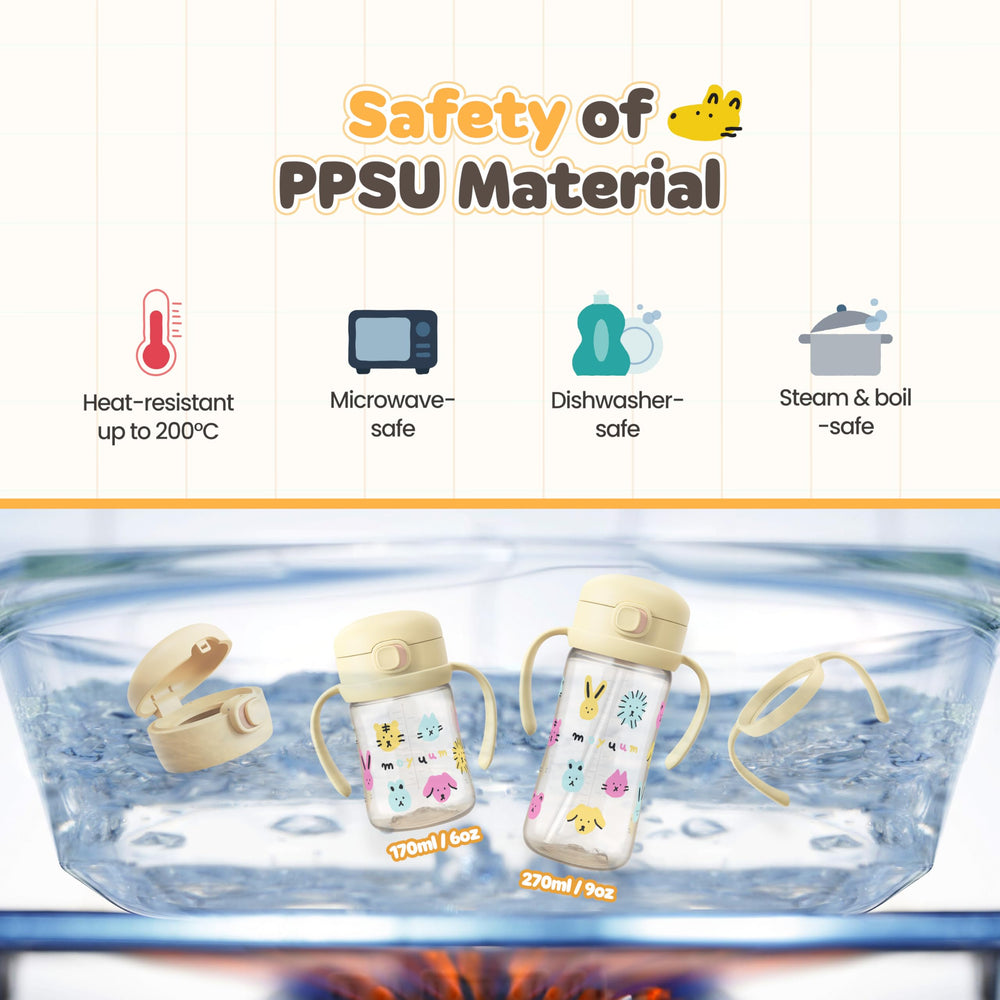 MOYUUM 9oz yellow sippy cup being washed, durable and easy to sterilize