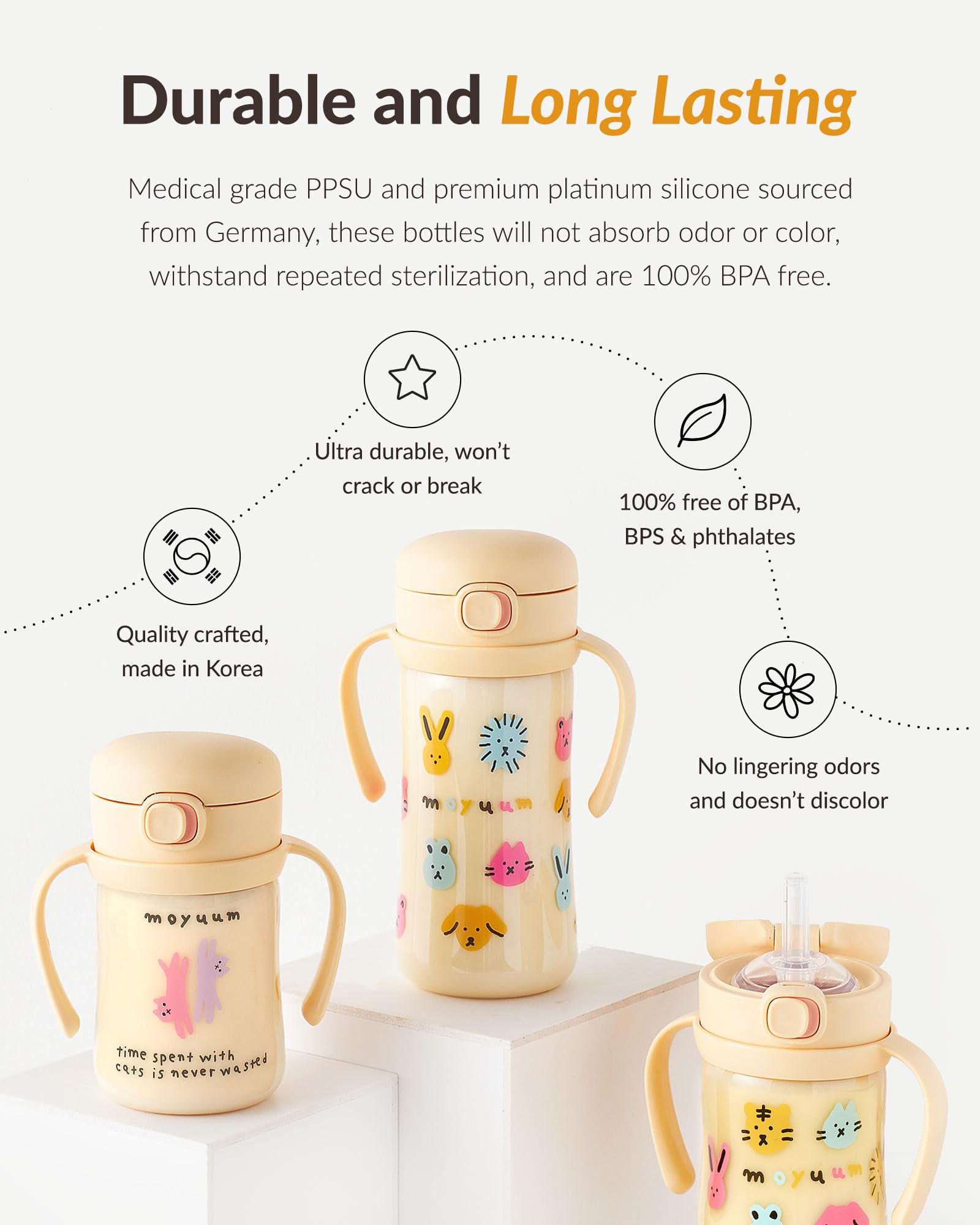 MOYUUM no-spill straw gray cup keeps surfaces clean during busy playtime.