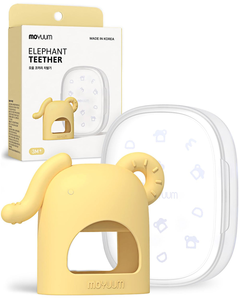 MOYUUM silicone elephant teether hand-fit for secure grip and soothing gums.