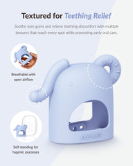 MOYUUM teether textured surfaces for varied teething sensations.
