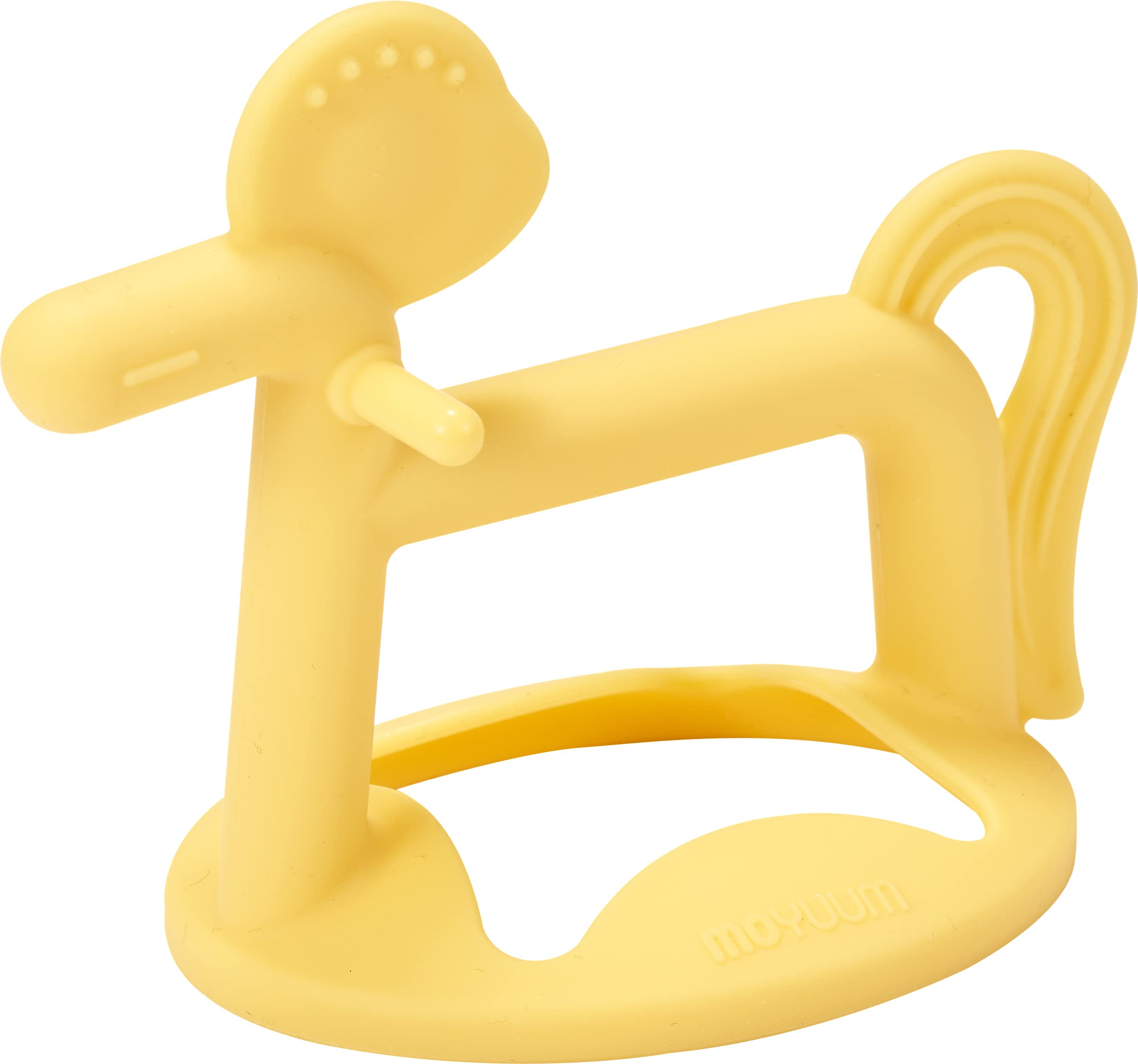 MOYUUM silicone pony teether worn on wrist for easy handling and teething relief.