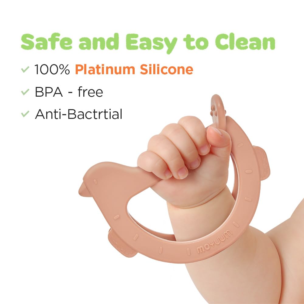 MOYUUM silicone swing bird teether front view helps tiny hands grip and explore