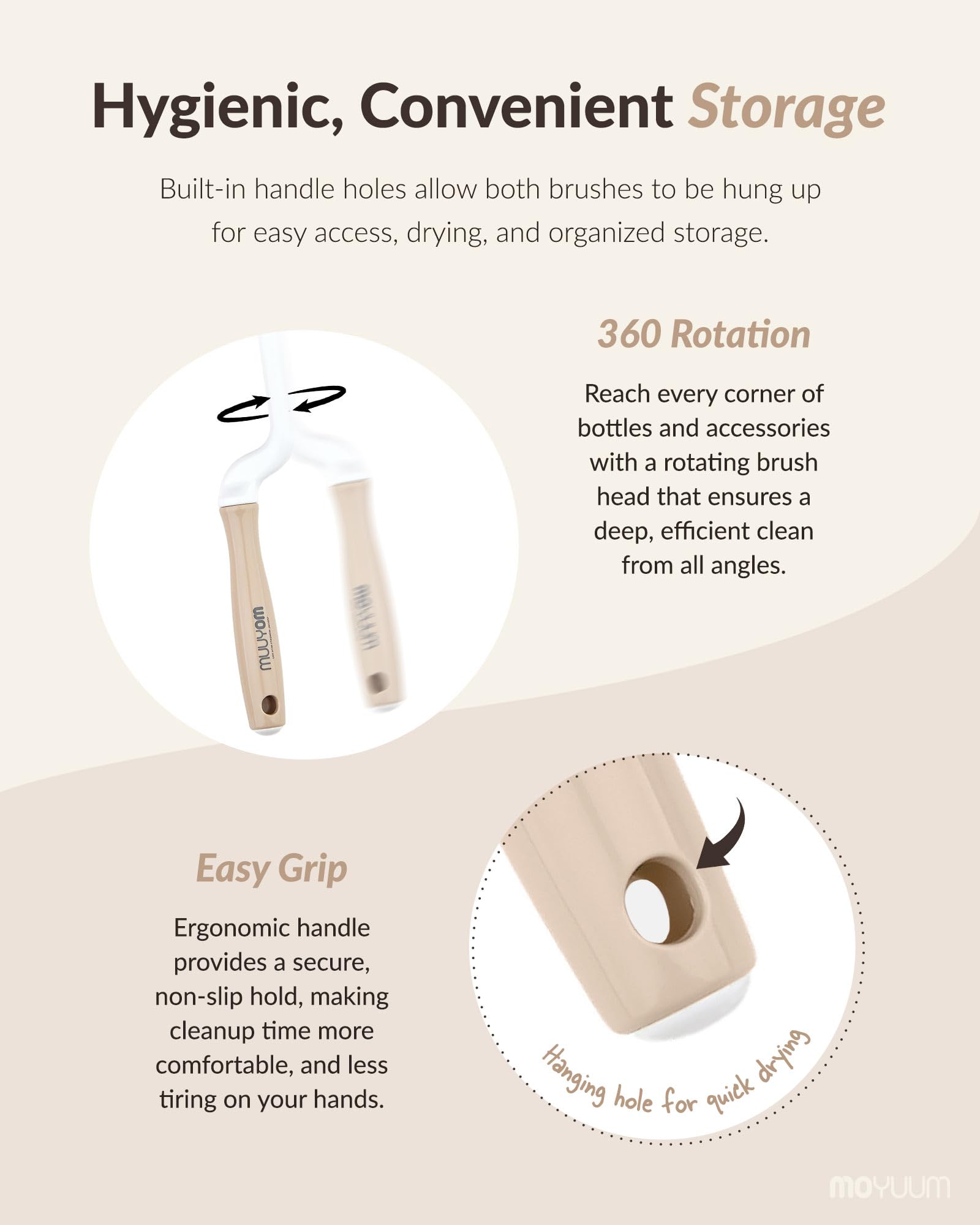 MOYUUM soft 3D bristles reach crevices without scratching surfaces