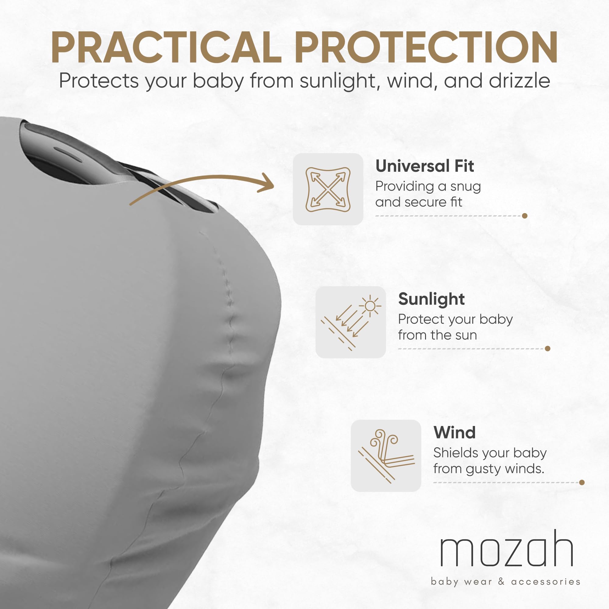 MOZAH stroller cover shielding baby from wind and chill while outside
