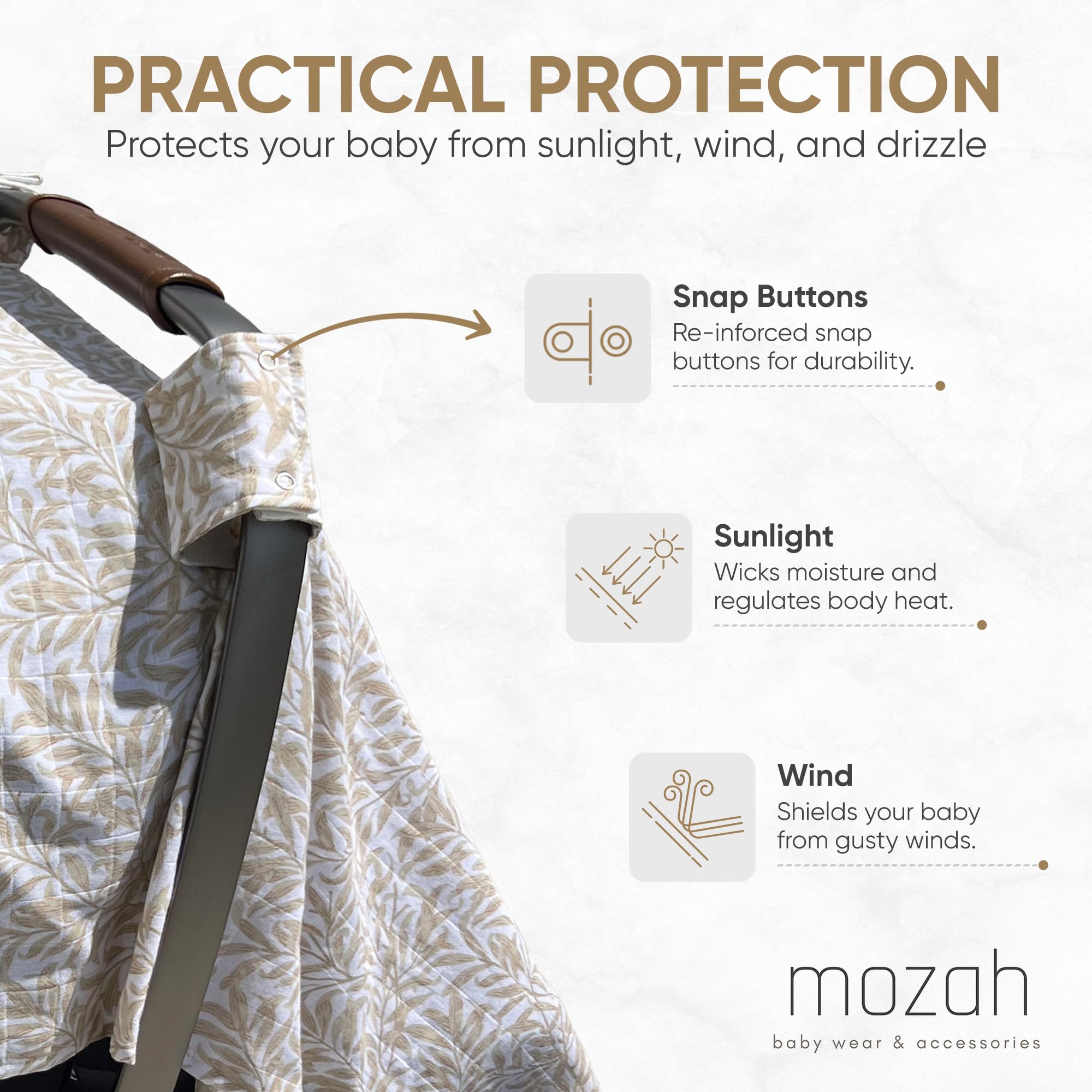 MOZAH Car seat cover beige leaves—sturdy snaps secure quickly for on-the-go protection