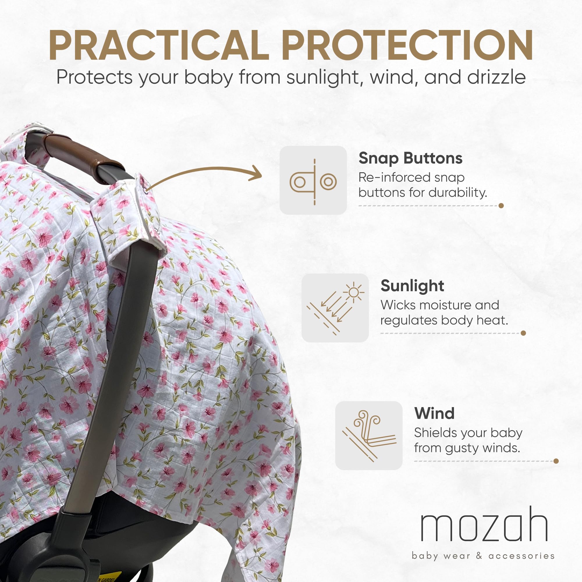 MOZAH care-ready car-seat cover highlights easy low-temperature washing.