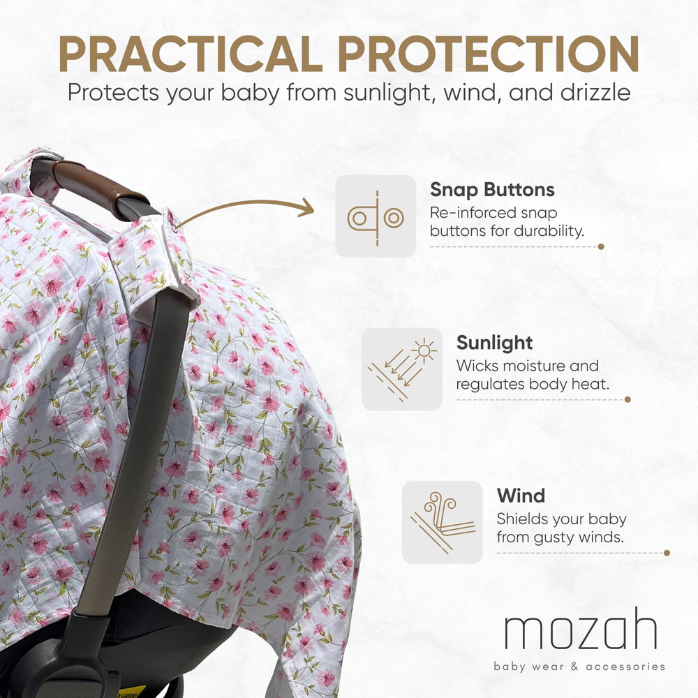 MOZAH care-ready car-seat cover highlights easy low-temperature washing.