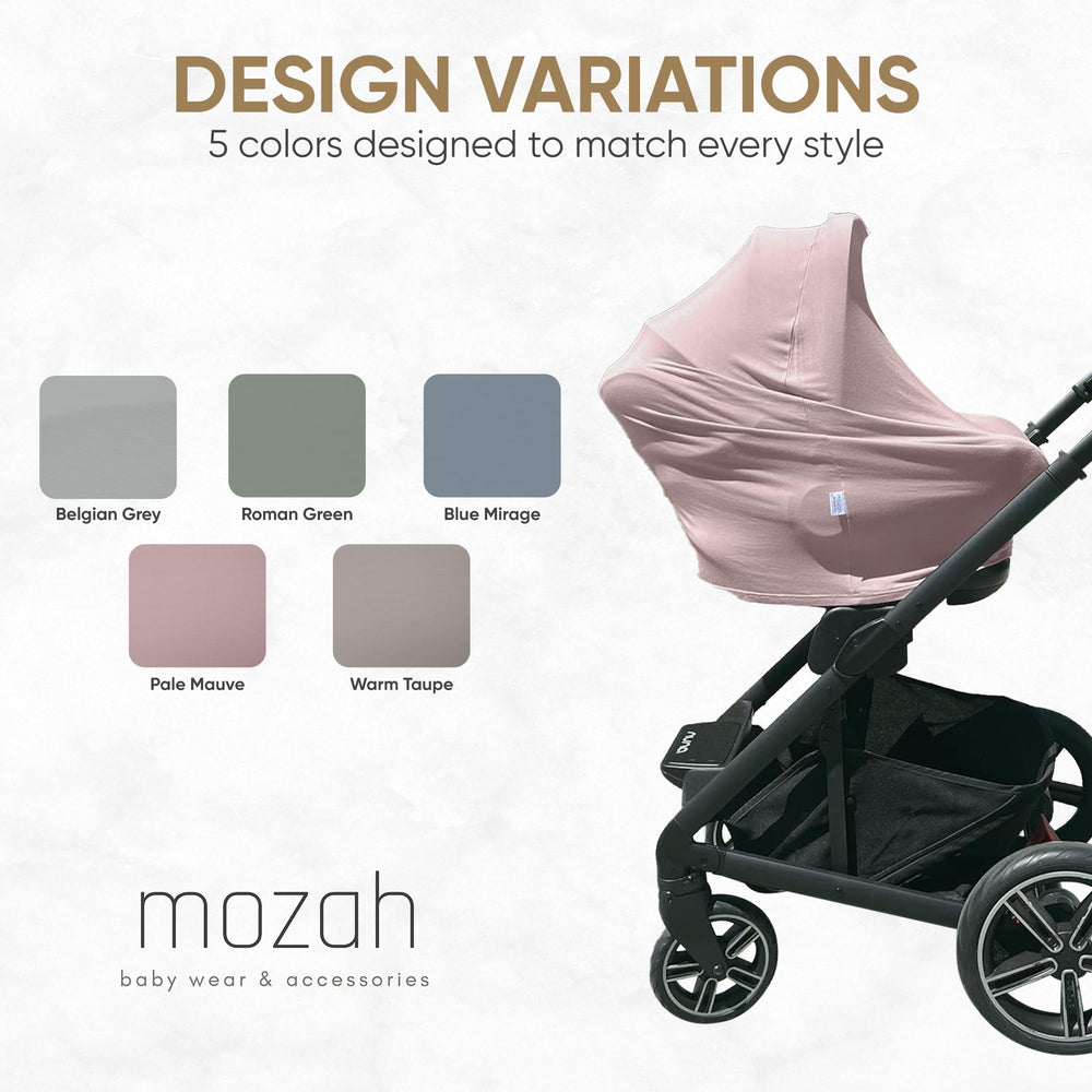 MOZAH Baby Multi-Use Cover worn as scarf or light blanket in pale mauve or dusty pink.