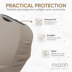 MOZAH stroller cover shields baby from sun and wind during strolls.