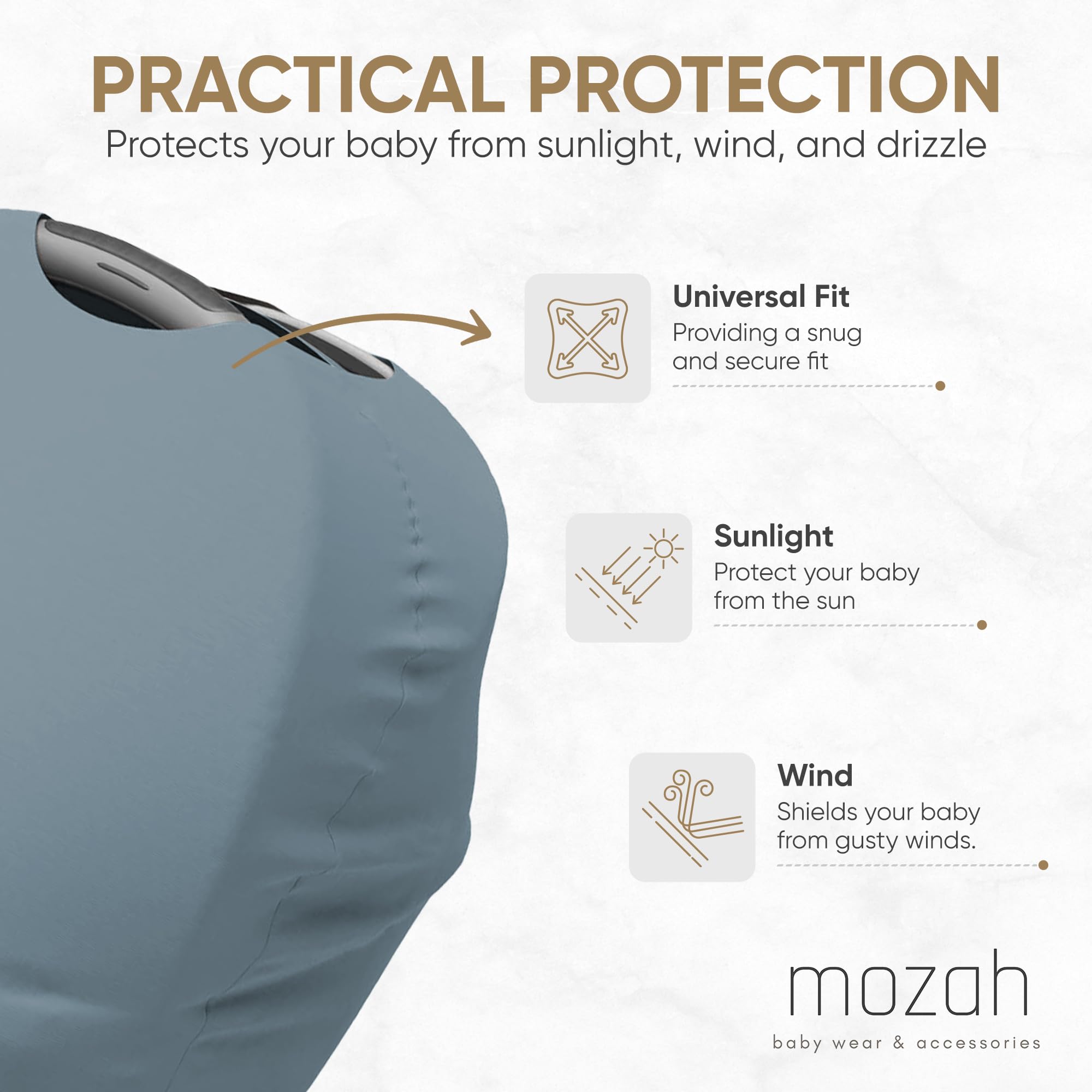 MOZAH Blue Mirage stroller cover shields from wind and sun while you stroll