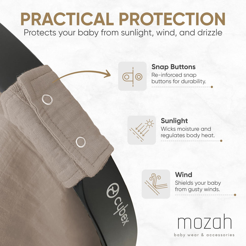 MOZAH stainless snaps visual emphasizes durable attachment for secure parent-friendly setup.