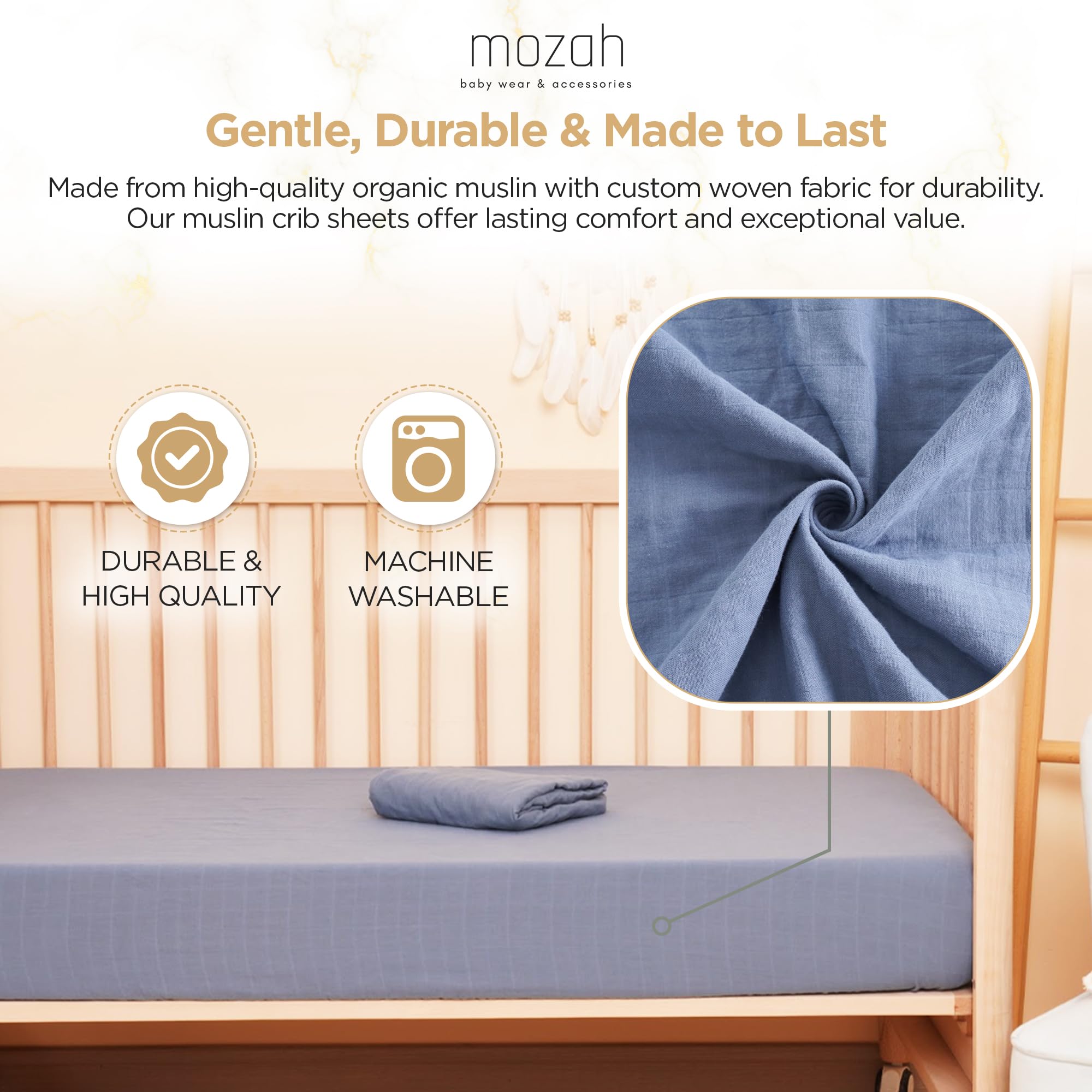 Mozah crib sheets with gender-neutral blue patterns complementing nursery decor