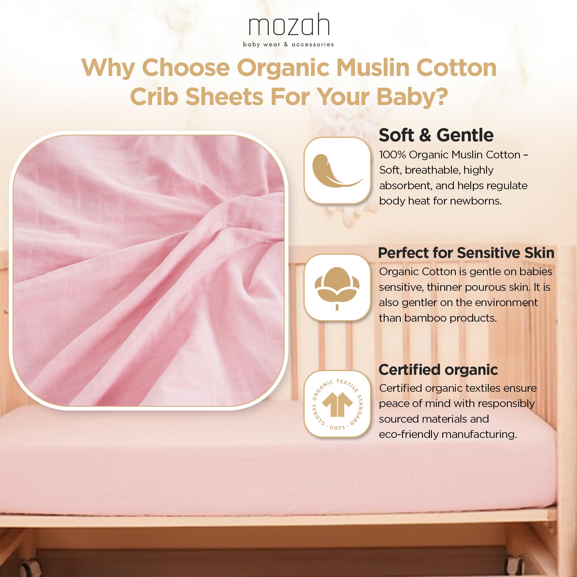 MOZAH pink-pattern organic muslin crib sheets in nursery