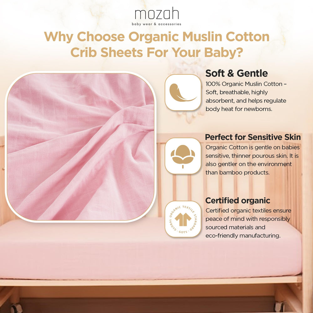 MOZAH pink-pattern organic muslin crib sheets in nursery