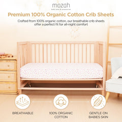 MOZAH crib sheets snug-fit on standard crib for secure, slip-free sleeping surface.