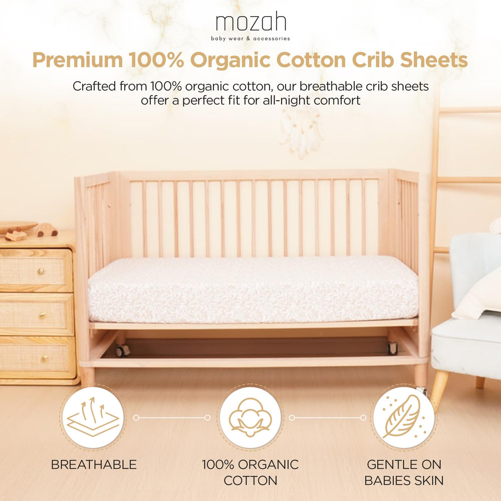 MOZAH Crib Sheets snug fit on standard cribs and mini mattresses to prevent slipping