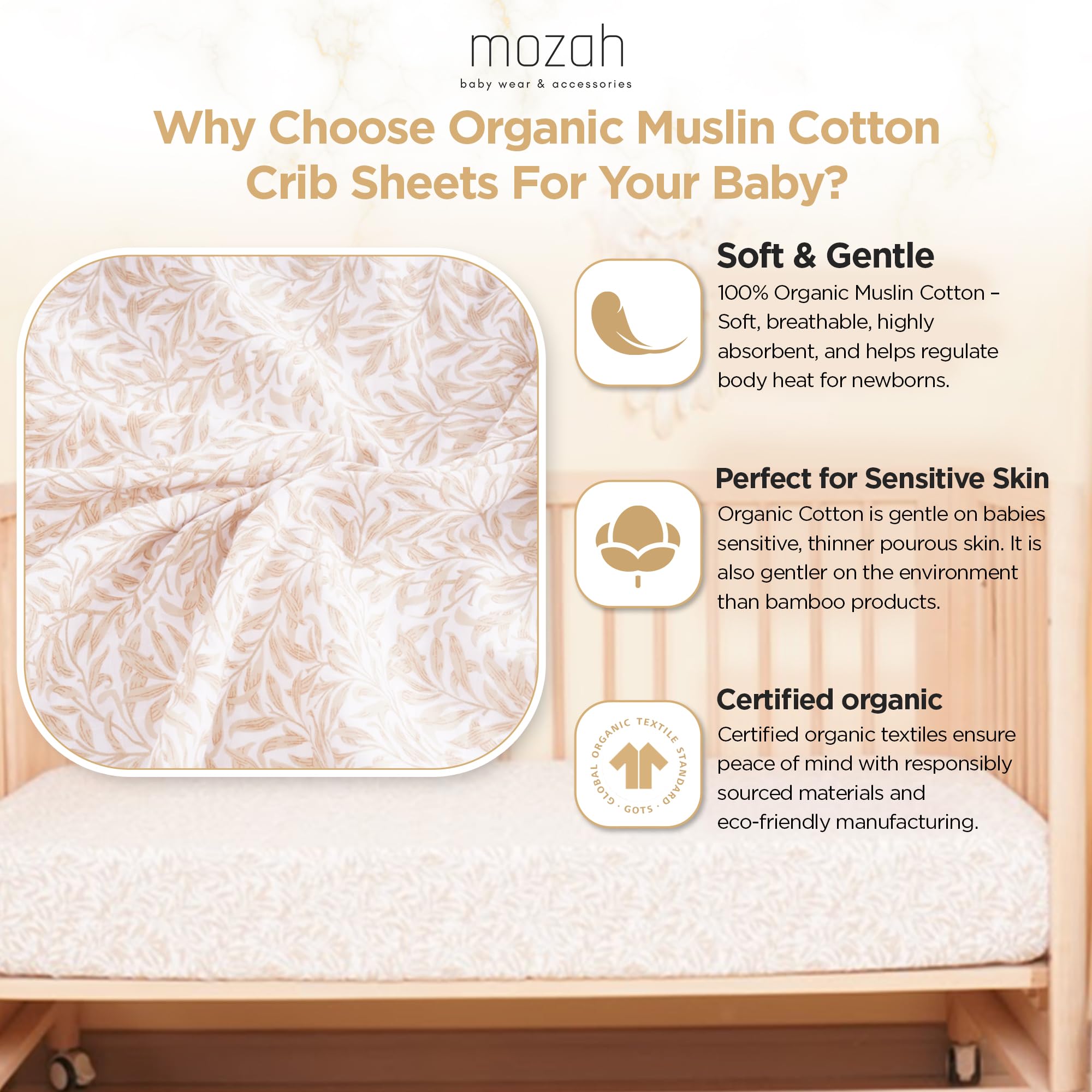 MOZAH Sheets versatile aesthetics with calming beige leaves pattern for any nursery