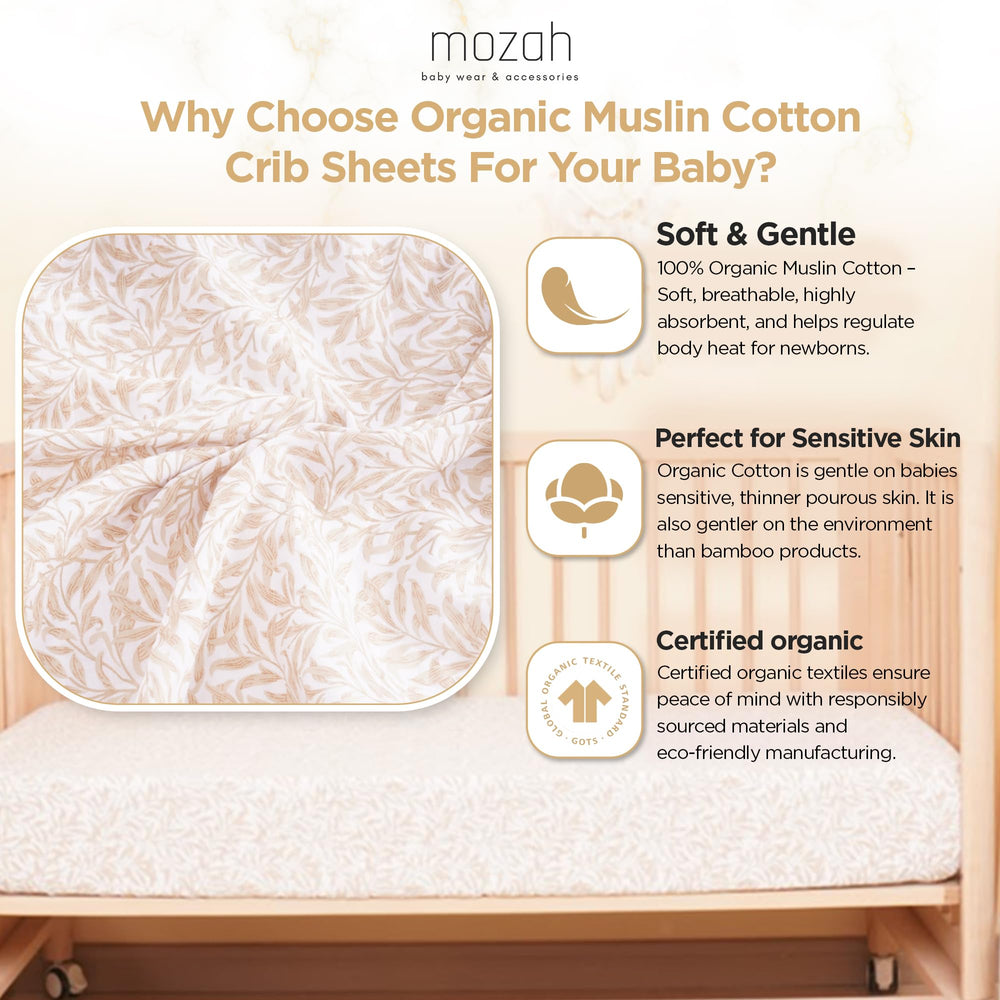 MOZAH Sheets versatile aesthetics with calming beige leaves pattern for any nursery