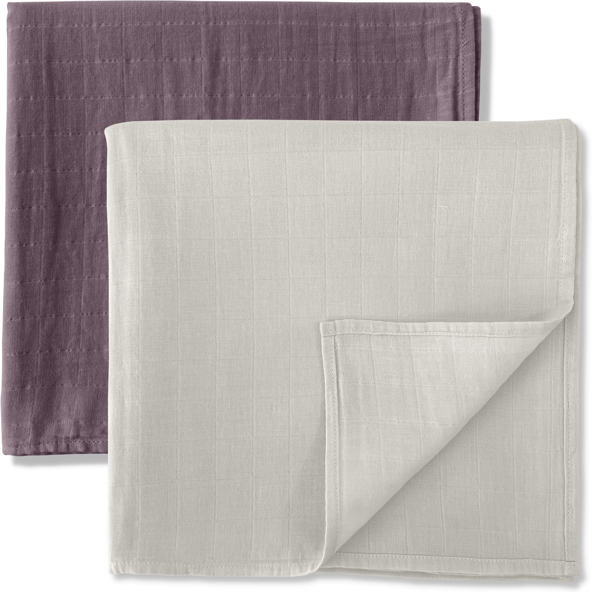 MOZAH organic muslin swaddle blankets mauve and beige two-pack provide breathable, gentle comfort.