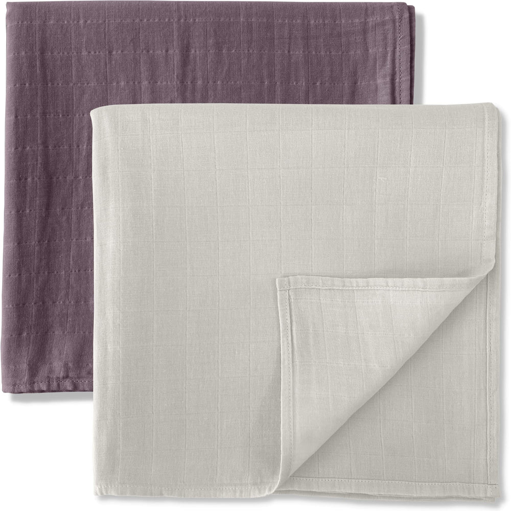 MOZAH organic muslin swaddle blankets mauve and beige two-pack provide breathable, gentle comfort.