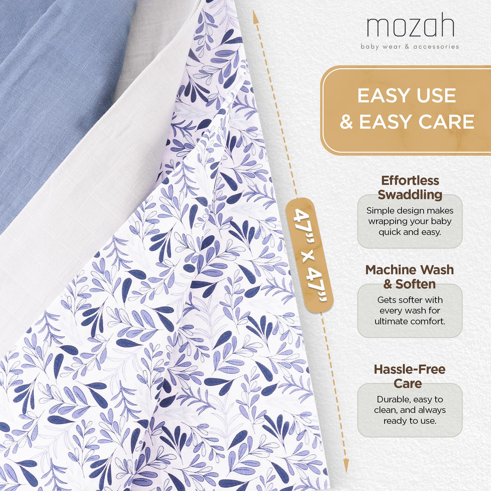 MOZAH blue organic muslin swaddle 3-pack with breathable warmth