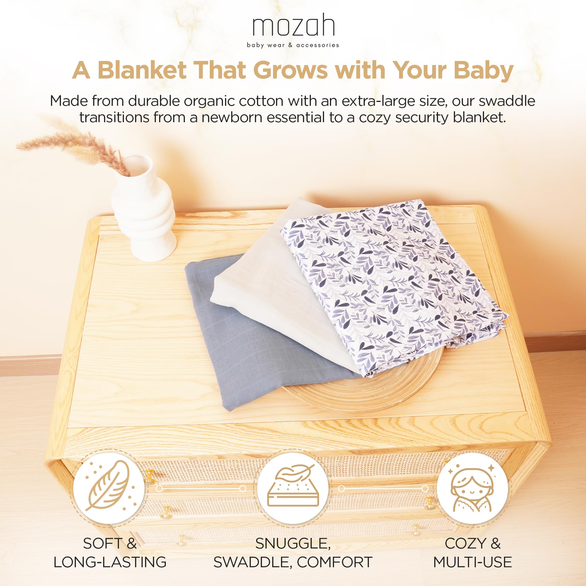 MOZAH blue leaves organic muslin swaddle 3-pack for versatile use