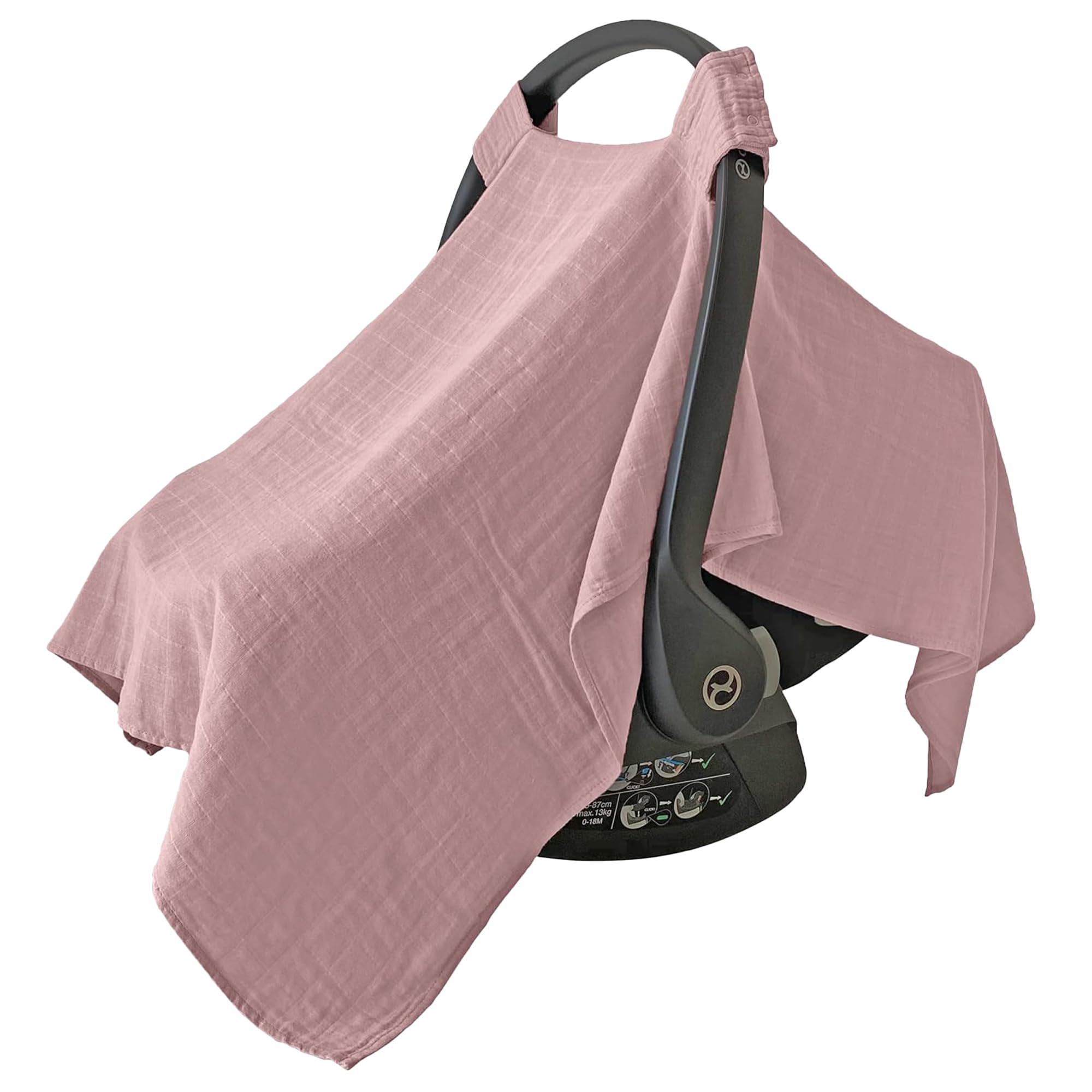 MOZAH pale mauve muslin cover front view shows breathable fabric for baby comfort on outings