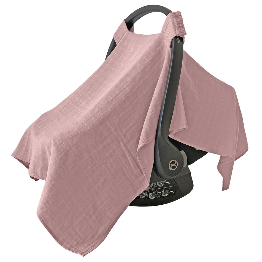 MOZAH pale mauve muslin cover front view shows breathable fabric for baby comfort on outings