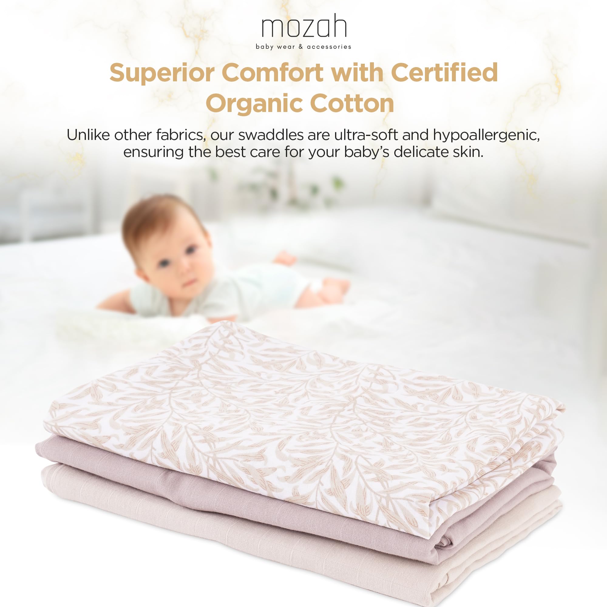 Mozah swaddle 3-pack flatlay: versatile blankets ready for everyday baby care.