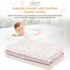 Mozah swaddle 3-pack flatlay: versatile blankets ready for everyday baby care.
