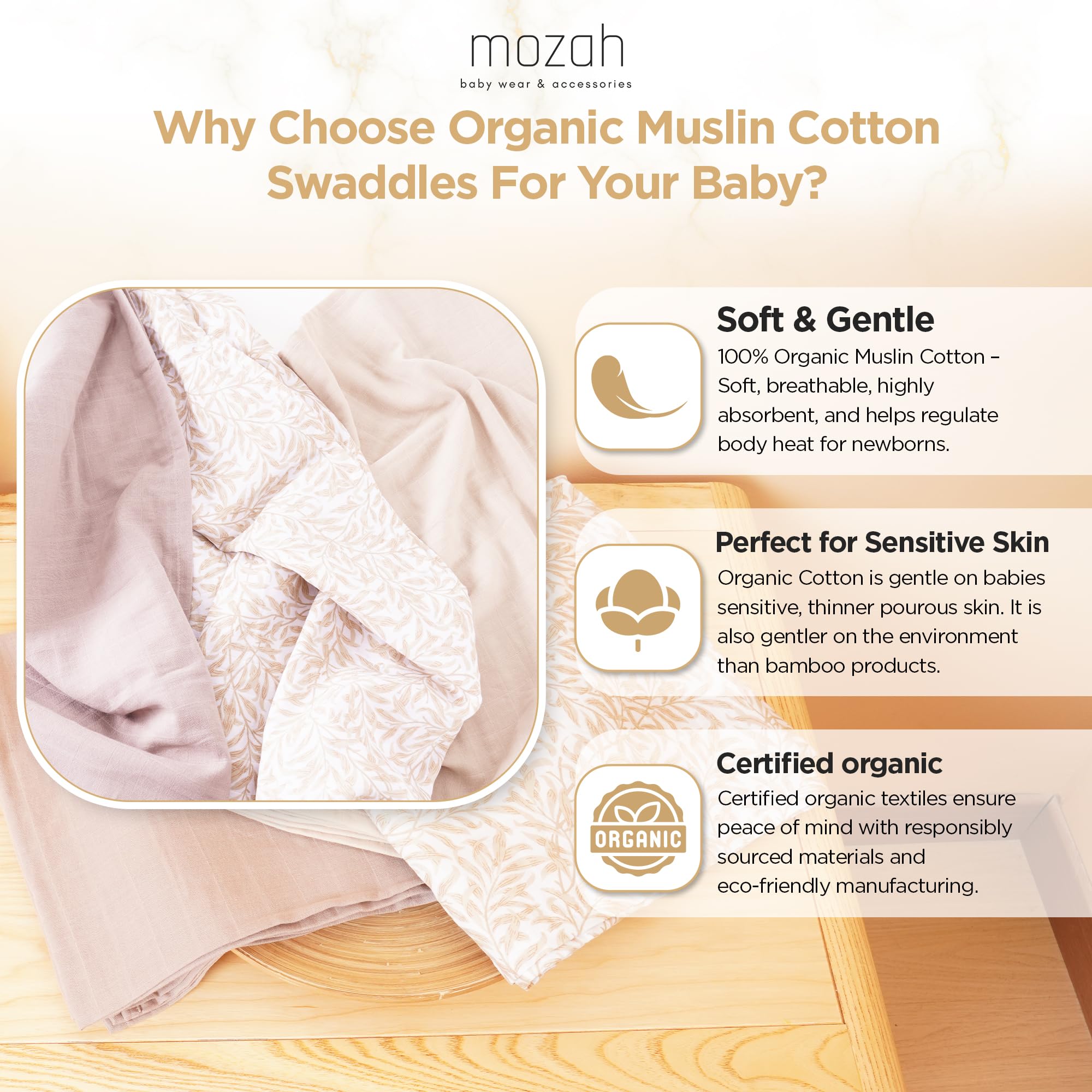 Mozah swaddle in arms: secure snug wrap for calm feeding and cuddles.