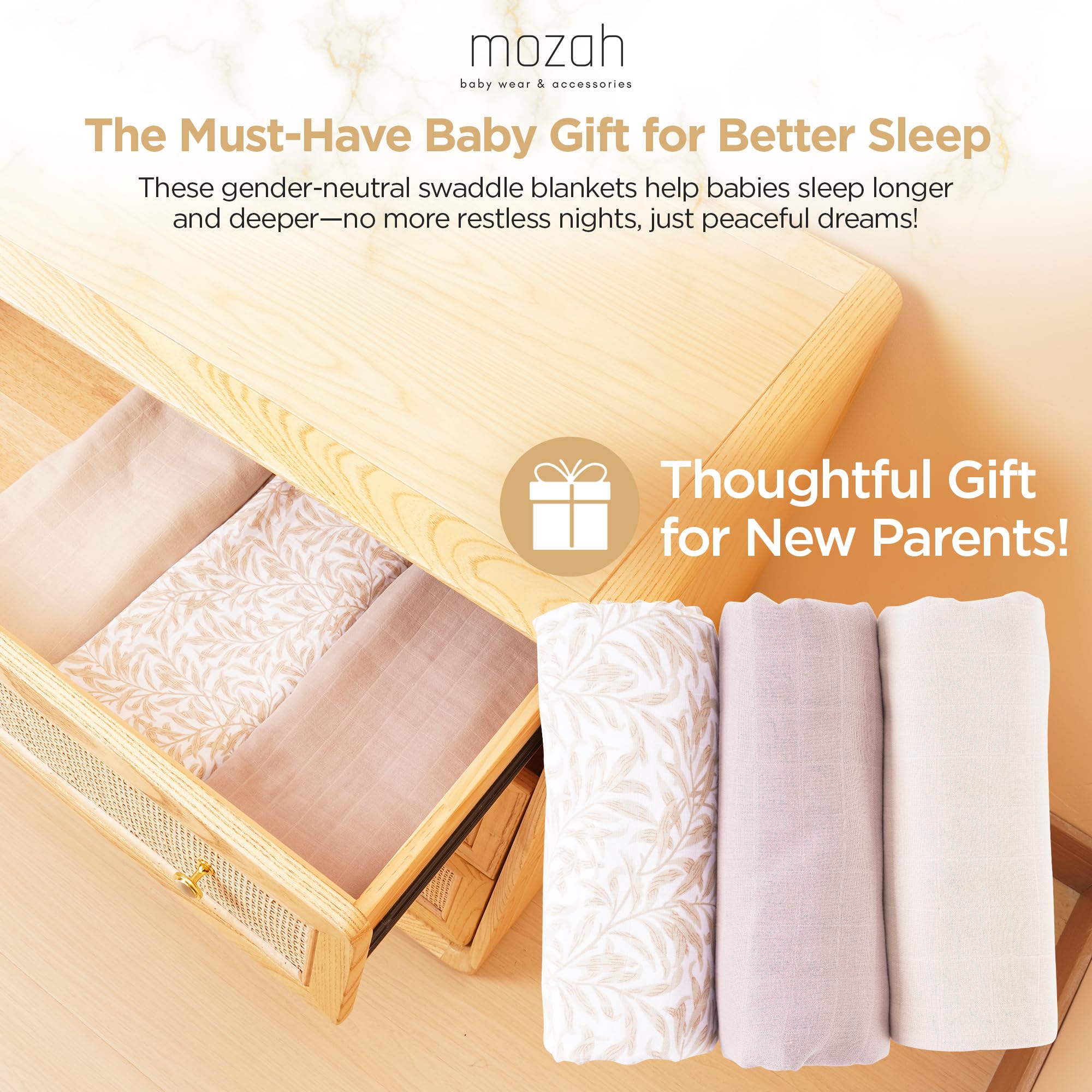 Mozah nursery scene swaddle: nursery-ready essentials and gifting appeal.