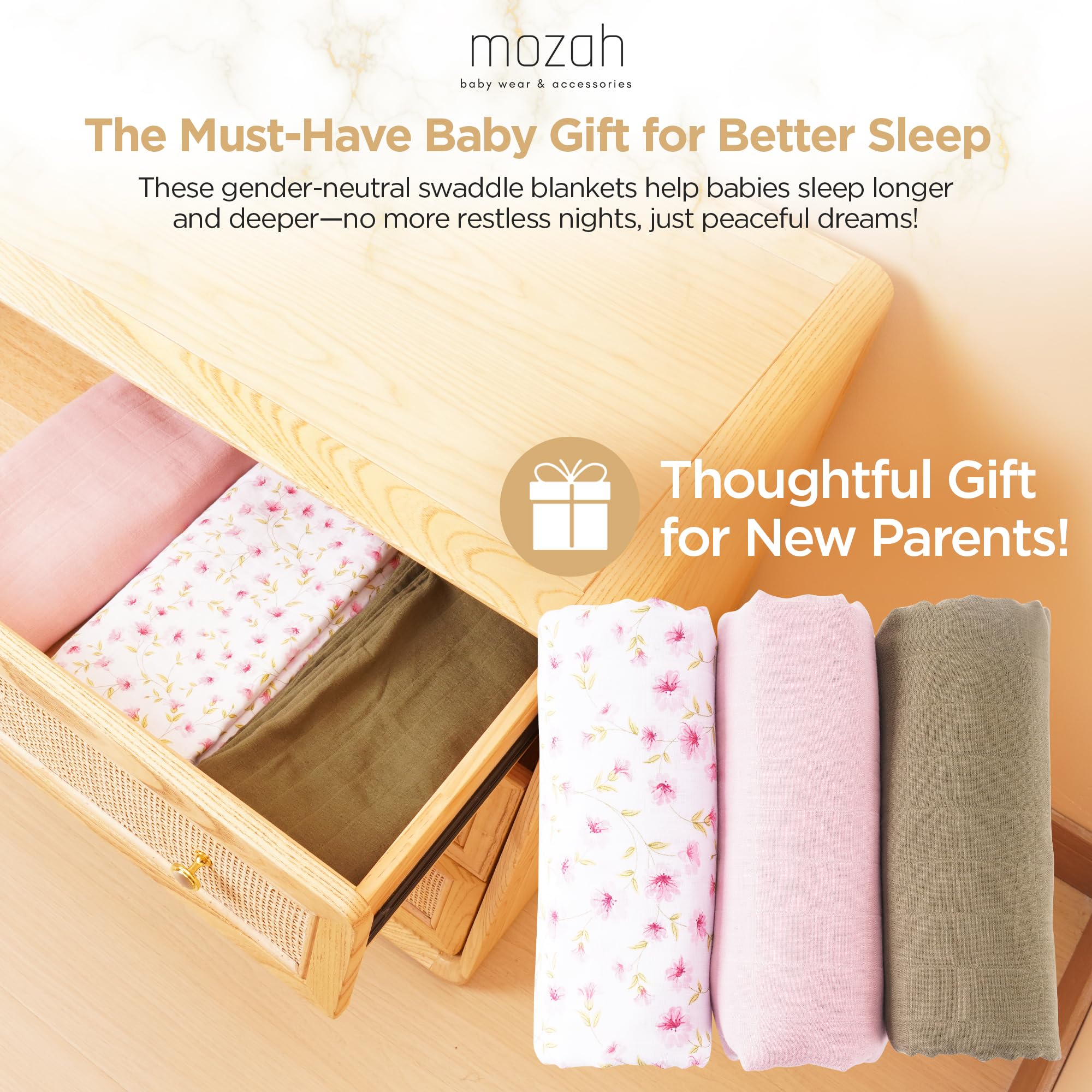 MOZAH swaddle security blanket use: versatile year-round comfort that grows with baby.