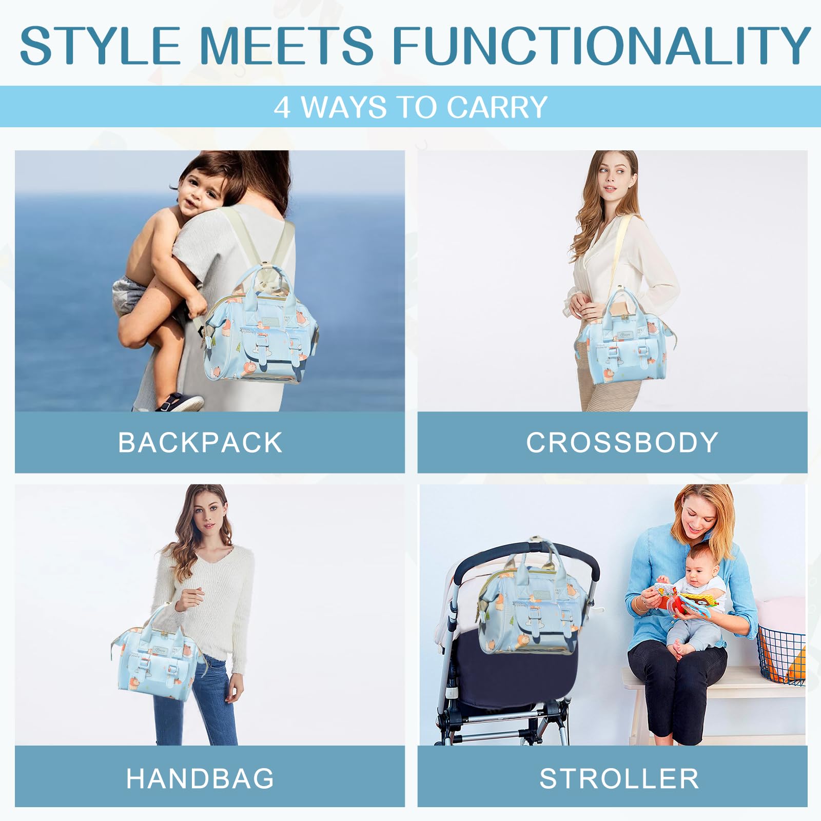 Mozzilog convertible 4-modes diaper bag ready for backpack, tote, stroller, or handbag.