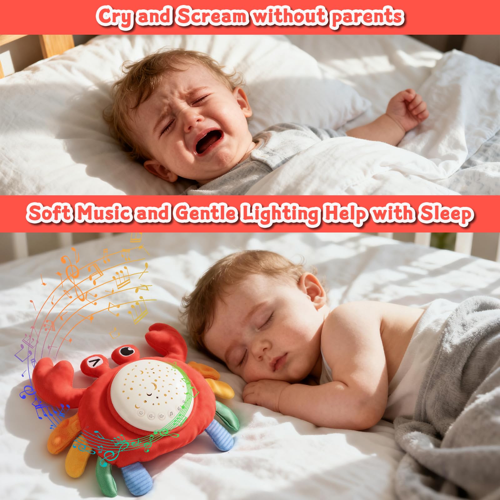 MPQMPQ Baby Sleep Crab Toy glow belly offers adjustable light colors for soothing visuals.