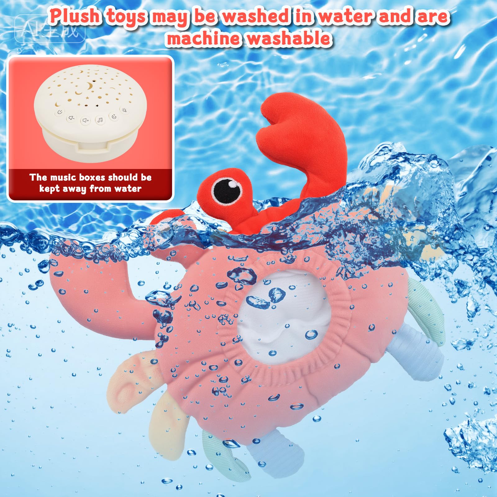 MPQMPQ Crab Toy with 11 soothing sounds supports a calming bedtime atmosphere.