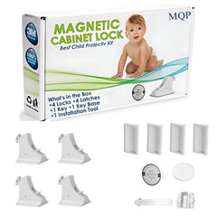MQP 4-pack magnetic cabinet locks on a cabinet door offer invisible safety for curious toddlers.