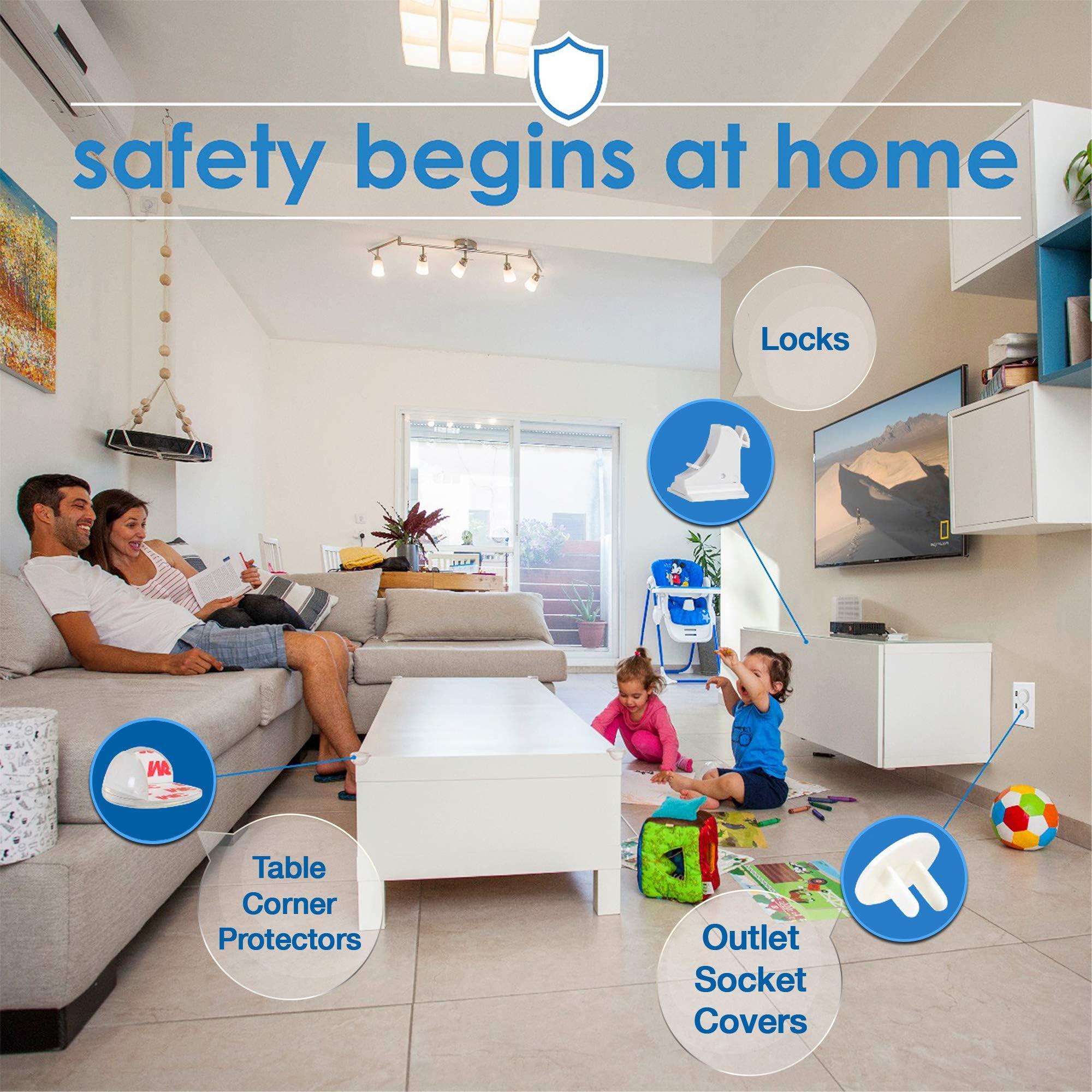 MQP outlet covers and corner guards accompany cabinet locks for complete child safety.