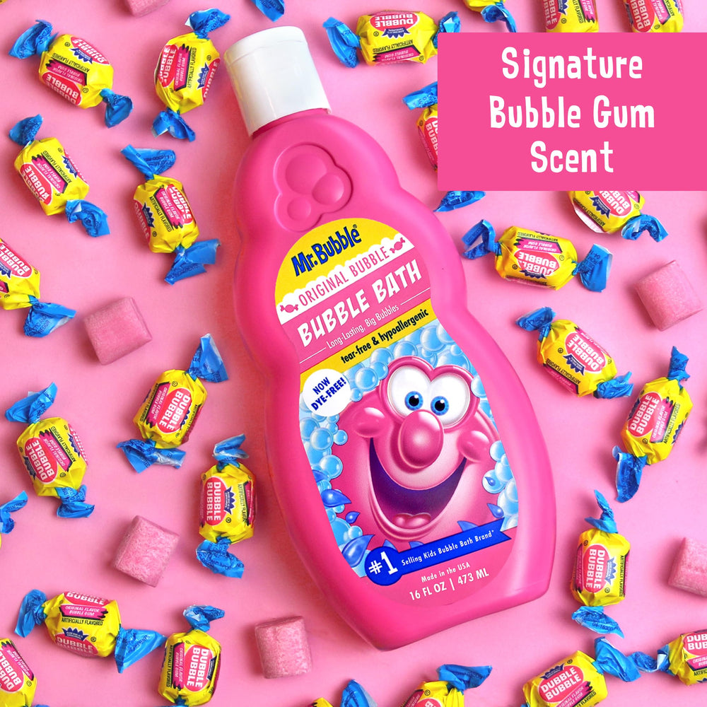 Mr. Bubble bottle with bubble gum scent in a kid-friendly bath.