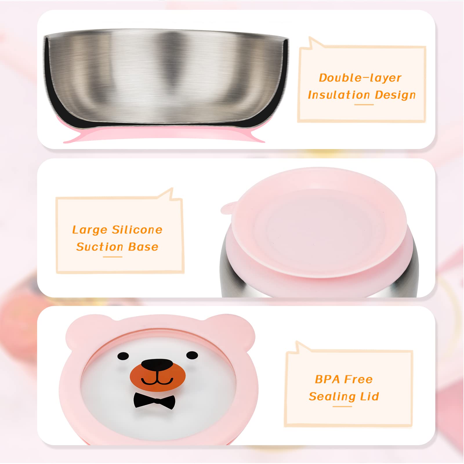 MR. CHOU pink baby bowl on high chair tray showing strong suction in action.