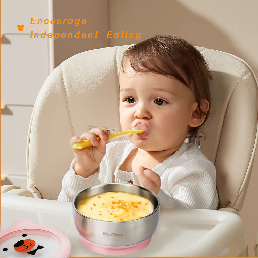 MR. CHOU bright pink color and bear pattern appeal to toddlers during mealtime.