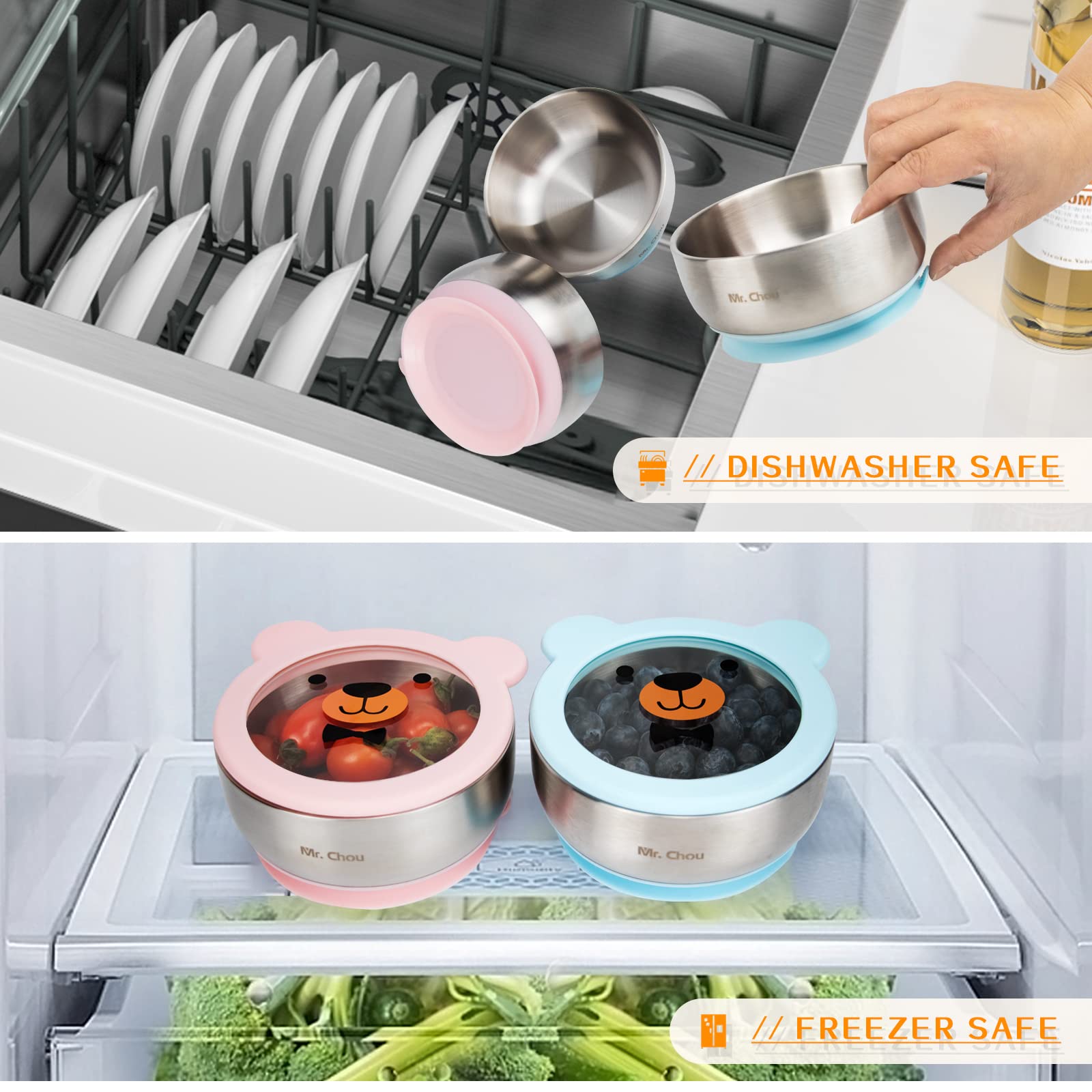 MR. CHOU dishwasher-safe silicone bowls are easy to clean after meals.