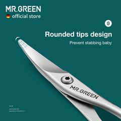 MR.GREEN baby nail scissors widened-blade minimizes deep trims and skin contact.