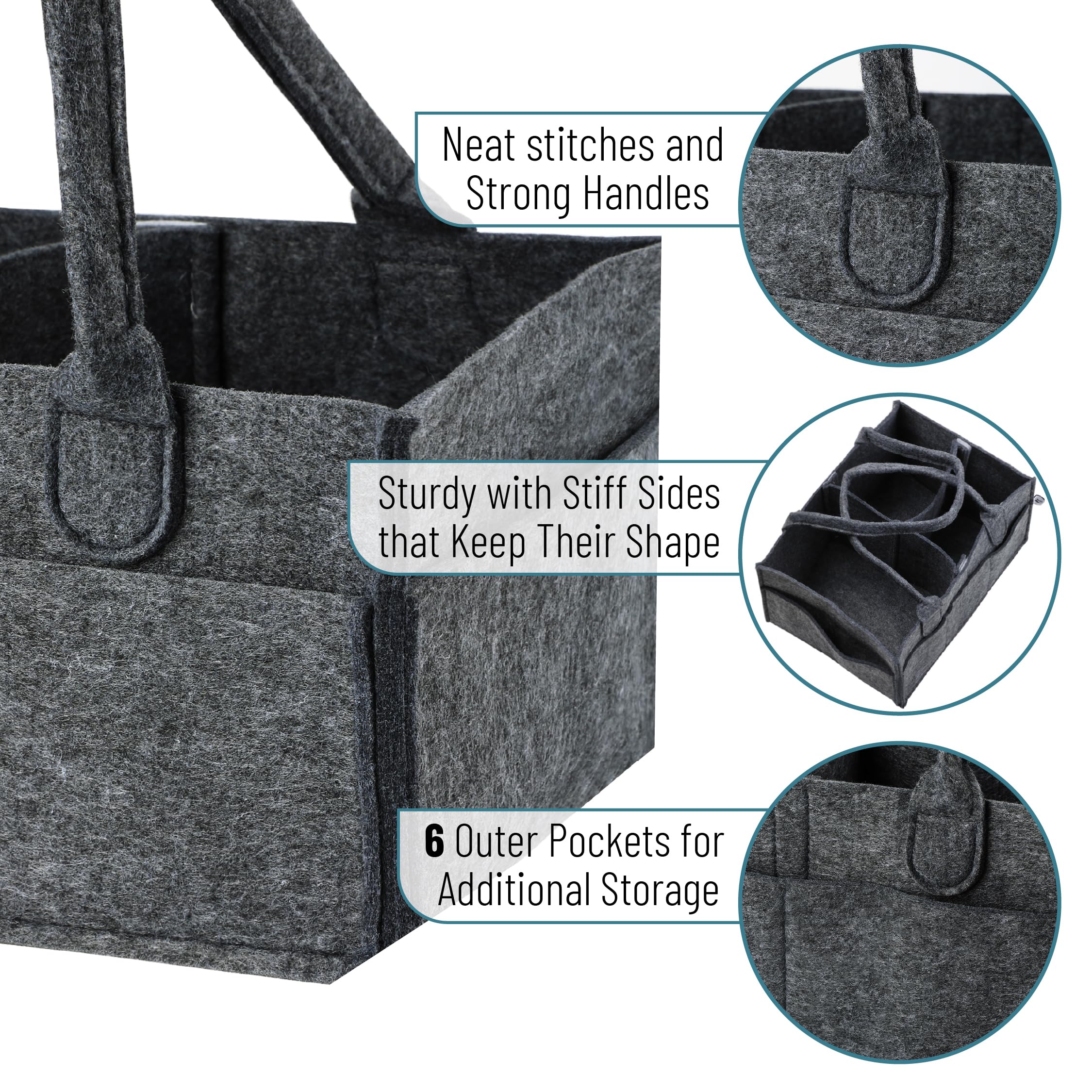 Mr. Pen diaper caddy charcoal gray exterior pockets provide quick access to wipes and bottles.