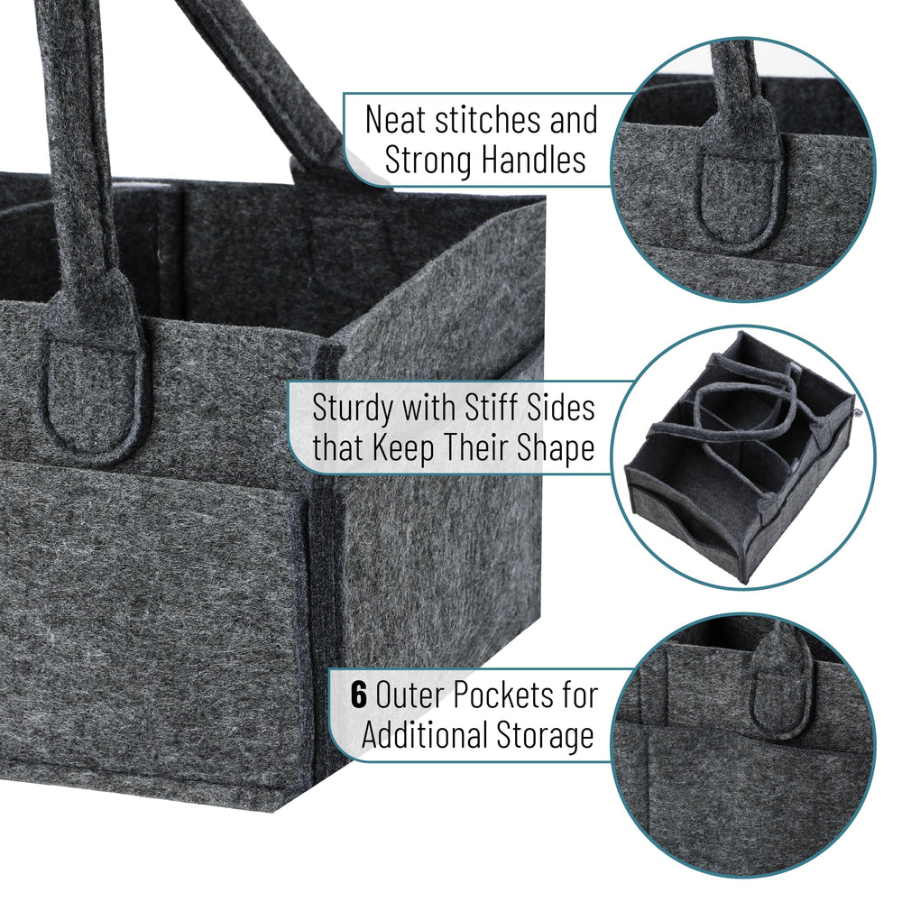 Mr. Pen diaper caddy charcoal gray exterior pockets provide quick access to wipes and bottles.